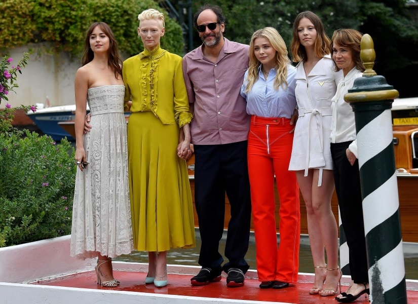(From L-R) Dakota Johnson, Tilda Swinton, Luca Guadagnino, Chloe Grace Moretz, Mia Goth and Jessica Harper arrive at the Lido Beach to present Suspiria at the 75th Venice International Film Festival. AP